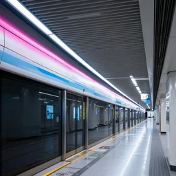 modern subway with neon lights running along the ceiling