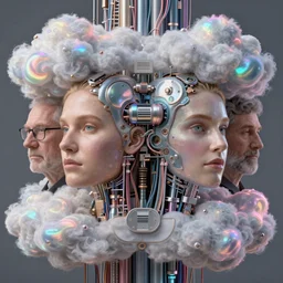 symmetry!, photographic portrait of a person made of fluffy iridescent clouds by anne geddes and robin eley and ross tran and jusepe de ribera and ilya kuvshinov, cybernetic components, electrical wiring, highly detailed digital art masterpiece, pearlescent