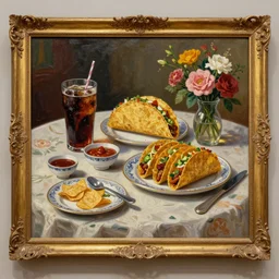 “A beautiful, museum oil painting of a Taco Bell meal, including, soda, chips, tacos, sauce, and a bouquet of flowers on an elaborate beautiful table with fine china , painting is in a gilded frame”