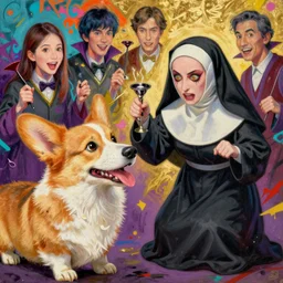 beautiful painting of corgi vampire terrorizing a nun, by noah bradley, patrick woodroffe, posuka demizu, qing han, trending on artstation, 8 k, masterpiece, graffiti paint, fine detail, full of color, intricate detail, golden ratio illustration, face enhance