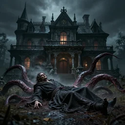 a body in a mage's robe lies in front of a dark estate, tentacles erupt from the body, peter mohrbacher style, ray tracing, octane render, cinematic, digital art, realistic, high quality, 8 k