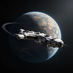 realistic spaceship orbiting one single planet in space from afar, sci - fi concept art by david edwards and craig mullins, volumetric light, atmospheric lighting, dramatic, cinematic, moody, octane render 4 k, 8 k