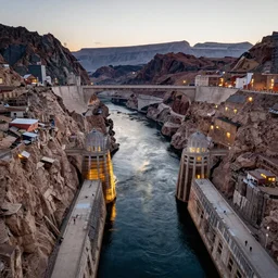 looking down at the Hoover Dam and Lake Mead and the Colorado River, the Dam is covered with scaffolding and informal settlements hanging along the sides, windows illuminated, in style of Norman Foster, cinematic lighting, light rays, ultra realistic, photorealistic, volumetric lighting, photography