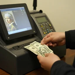 paying your last dollar bill at a cash register style of rembrandt