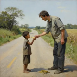 painting of a man feeding a poor boy on a country road, surreal highly detailed
