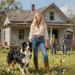 highly detailed hyperrealistic painting of a blonde long - haired hillbilly in front of old style house, with his fluffy black and gray australian shepherd, stephen bliss, art by greg rutkowski, loish, rhads, ferdinand knab, makoto shinkai and lois van baarle, tom bagshaw, global illumination, artstation