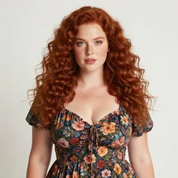 DSLR photography of a gorgeous red haired woman with big curly hair and freckles, curvy figure wearing dress with flower print, trending on instagram