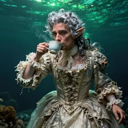 A 18th century, messy, silver haired, (((mad))) elf princess (Mr. Bean), dressed in a ((ragged)), wedding dress, is ((drinking a cup of tea)). Everything is underwater and floating. Greenish blue tones, theatrical, (((underwater lights))), high contrasts,  fantasyconcept art, inspired by John Everett Millais's Ophelia