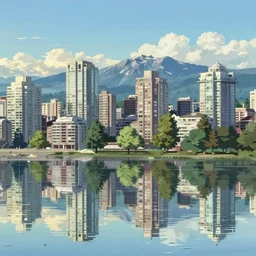 vancouver, bc, city by makoto shinkai, 4k anime widescreen wallpaper, false creek reflections, makoto shinkai movie, beautiful cityscape by makoto shinkai digital art, illustration, trending on artstation, daily deviation, masterpiecem view of the mountains