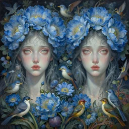 breathtaking detailed concept art painting pattern of two goddess of light blue flowers with anxious piercing eyes and flowers and fruits and birds, by hsiao - ron cheng, beto val, john james audubon, bizarre compositions, exquisite detail, extremely moody lighting, 8 k