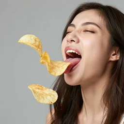 a woman with her tongue out and a bunch of potato chips falling out of her, a stock photo by ye xin, shutterstock contest winner, hyperrealism, stock photo, stockphoto, studio photography