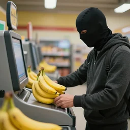 a masked man at a self checkout stealing a banana, trending on artstation, depth field, unreal engine, cinematic, hyper realism, high detail, 8 k