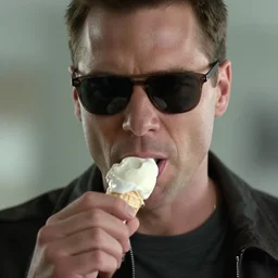 film still of agent smith eating an icecream in the new matrix movie, 8 k, highly detailed face, dark glasses