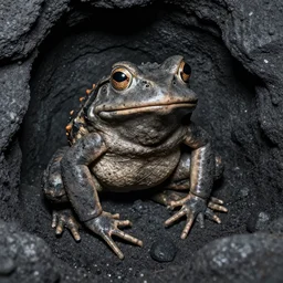 old award winning photograph of a humanoid frog miner deep in the coal mines covered in soot