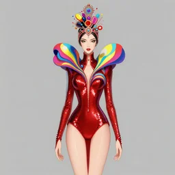 a female character design wearing psychedelic high fashion, a red sequined bodysuit, an alexander mcqueen headdress, costume by eiko ishioka, haute couture, dior, and a red cape by moebius, steven outram, colorful and psychedelic, hd, 8 k, artstation