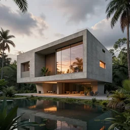 a house designed by le corbusier frank lloyd wright mies van der rohe louis kahn surrounded by concrete and jungle reflecting water volumetric lighting daytime vaporwave cybernetic futurism theme sunset metal concrete glass windows cloudy skies artstation 8 k photorealism finely detailed unreal engine imax cinematic epic centered rule of thirds brutalist architectural rendering by peter guthrie and greg rutkowski