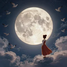 matte painting of a full moon with a face!!!!!, surrounded by clouds, birds eye view, highly detailed, disney, style of maxfield parrish, in the style of lady and the tramp