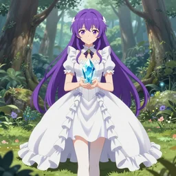full body cute bombshell anime waifu woman with purple hair, victorian white ruffly dress. [ holding divine ocean crystal ]. isekai enchanted forest, symmetrical face. symmetrical detailed defined eyes. beautiful lineart. concept art