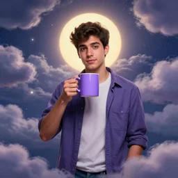portrait of a ( ( ( una taza de cafe grande y morada ) ) ), ( ( guapo joven caliente espanol parado ) ), nubes y magia, el sol, concept character, by greg rutowski and tezuka and oi and mucha and bierstadt and remington, trending on artstation
