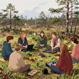 finnish people gathering berries in open swamp while listening progressive dance music, a cel from east european animation from 1 9 7 0's
