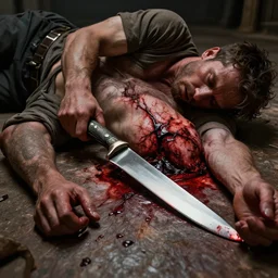 a man bleeding on the floor : : with a knife in his body : : 0 8 k, hd, full - hd, ultra - hd, super - resolution, global illumination, insanely detailed and intricate, hypermaximalist, elegant, ornate, hyper realistic, super detailed