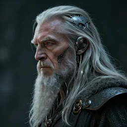 gandalf with cybernetic enhancements, android, detailed face, scifi character portrait by greg rutkowski, esuthio, craig mullins, 1 / 4 headshot, cinematic lighting, dystopian scifi gear, gloomy, profile picture, mechanical, half robot, implants, steampunk