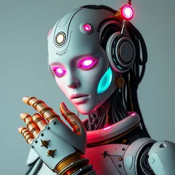 an intricate android with bright neon hydraulics wearing leather gloves, body made from porcelain and brass, pastel colors, 1 9 5 0 sci - fi, studio lighting, full body, calm, art nouveau, ambient occlusion, octane render, ultra detailed, artgerm, greg rutkowski, tom bagshaw