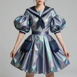 designer figure collection ball shaped accordion sleeve haute couture, sailor uniform, midi skirt, coated pleats, synthetic curves striking pose, stylized dynamic folds, cute huge pockets, volume flutter, youthful, modeled by modern designer bust, smart holographic textiles, body fitted dart manipulation, expert composition, professional retouch, editorial photography