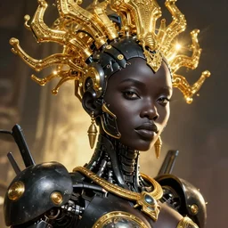 an epic fantasy comic book style portrait painting of a hyper detailed ultra sharp portrait of a beautiful well contoured black robot made out of black plastic with golden ornaments, african culture, up close shot, sharp focus, global illumination, radiant light, biomechanical gold rhizomorphs headdress, cyberpunk brackets, studio ghibli, unreal 5, daz, hyperrealistic, octane render, cosplay, rpg portrait, dynamic lighting, intricate detail, harvest fall vibrancy, cinematic