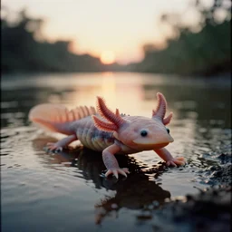a misteriuos old film photography of divine axolotl arising froma a xochimilco river, sunset lighting, intricate detail, hazy, humid, photorealistic,