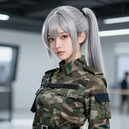 asian girl with silver hair and ponytail, wearing a multicam uniform, on modern manga style