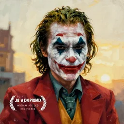 Painting of Joaquin Phoenix as the Joker. Art by william adolphe bouguereau. During golden hour. Extremely detailed. Beautiful. 4K. Award winning.