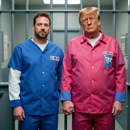 portrait of Alex Jones holding hands with donald trump in a prison jail cell, prison clothes, craig mullins, vibrant color, octane