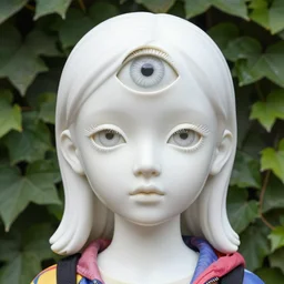 full head and shoulders, beautiful porcelain female person, mixed with three giant eyes in macro detail, smooth, delicate facial features, white detailed eyes, white lashes, 3 d white shiny thick, wearing colourful streetwear, background is a wall of leaves, by daniel arsham and james jean, featured in pictoplasma
