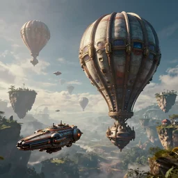 steampunk airbaloon spaceships flying near the floating islands, floating islands like avatar, high - tech space cult, dramatic lighting, epic, octane render, volumetric light, unreal engine, artbreeder, 8 k, background, scene, digital, artwork, high quality, 8 k