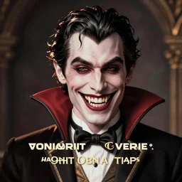 50mm photo of a vampire smiling with large fangs