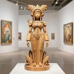 a very very cute wooden mystical statue robot of the greg godess vegetal cyberpunk in a contemporary art gallery in neo tokyo artwork line art by alphonse mucha