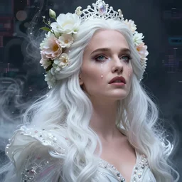 natalie portman, a colorful and vibrant majestic white queen open wide eyes drops a tear with flowers on her hair, glowing light orbs, intricate concept art, elegant, digital painting, smooth, sharp focus, ethereal opalescent mist, outrun, vaporware, cyberpunk darksynth, ethereal, ominous, misty, 8 k, by ruan jia and miho hirano, 8 k, rendered in octane