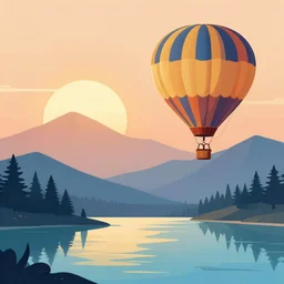 sunrise hot - air balloon mountain water illustration vector digital art trending on artstation