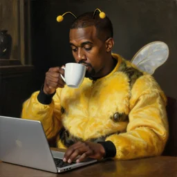 kanye west in a bumblebee costume drinks coffee in front of a laptop, highly detailed, masterpiece, renaissance, oil on canvas