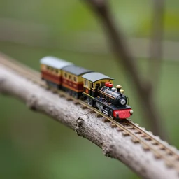 miniature train riding on a track on top a tree branch. tilt shift, close - up, 3 5 mm photography