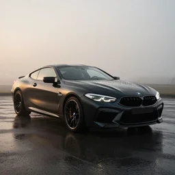 parked vantablack BMW M8, fog, rain, volumetric lighting, beautiful, golden hour, sharp focus, highly detailed, cgsociety