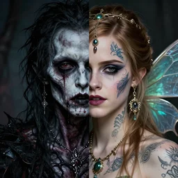 portrait split in two, left side gothic zombie, right side fairy, symmetric, facepaint facepaint facepaint, intricate jewelry, trending on artstation 4 k, high quality, in the style of karol bak and tom bagshaw, bust with face of emma watson, tattoos