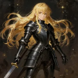 baroque oil painting japanese light novel cover illustration anime key visual full body action shot | young girl wearing black military crusader armour with long flowing blonde hair | perfect face fine detail | lotr gapmoe kuudere moody lighting bokeh stunning highlights sharp contrast infinity blade aesthetic | trending pixiv fanbox | by greg rutkowski makoto shinkai takashi takeuchi studio ghibli