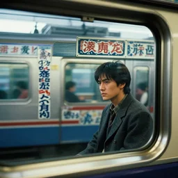fuji gfx, closeup, shinkansen window view of beautiful hyperrealistic film still from matrix movie train scene directed by tati in style of 1 9 9 0 s frontiers in miniature porcelain kintsugu design magazine seinen manga edition, real - life seinen manga porcelain sci - fi font izakaya sign, highly detailed