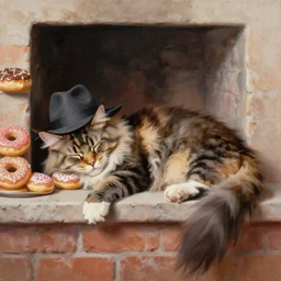 realistic painting of frostmourne the maine coon cat wearing fedora sleeping hearth in bakery donuts cakes