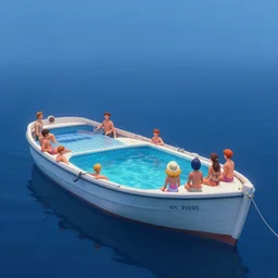 happy people, a boat, the vintage swimming pools, fog, deep blue mood, colorful, contemporary archival color photograph print from the original negative