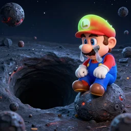 Super Mario and Luigi explores Black hole, Luigi gets dragged into the black hole, Mario sits on a asteroid and cry and sobs, Real Event, Realistic, HDR, Death of Luigi