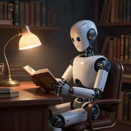 a robot reading a book sitting in a desk chair and on the table a desk lamp turned on, in the background many books! dream a robot reading a book sitting in a desk chair and on the table a desk lamp turned on, in the background many books, gothic art, harlem renaissance