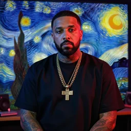 ultra realistic portrait of dj khaled in a studio, ultra detailed, under blue, red and yellow cinematic lighting, by van gogh, cartoon